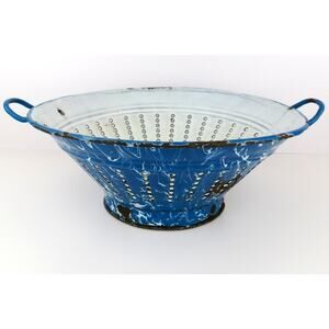 Vtg Blue Enamelware Graniteware Colander Strainer Rustic Primitive Kitchen Decor